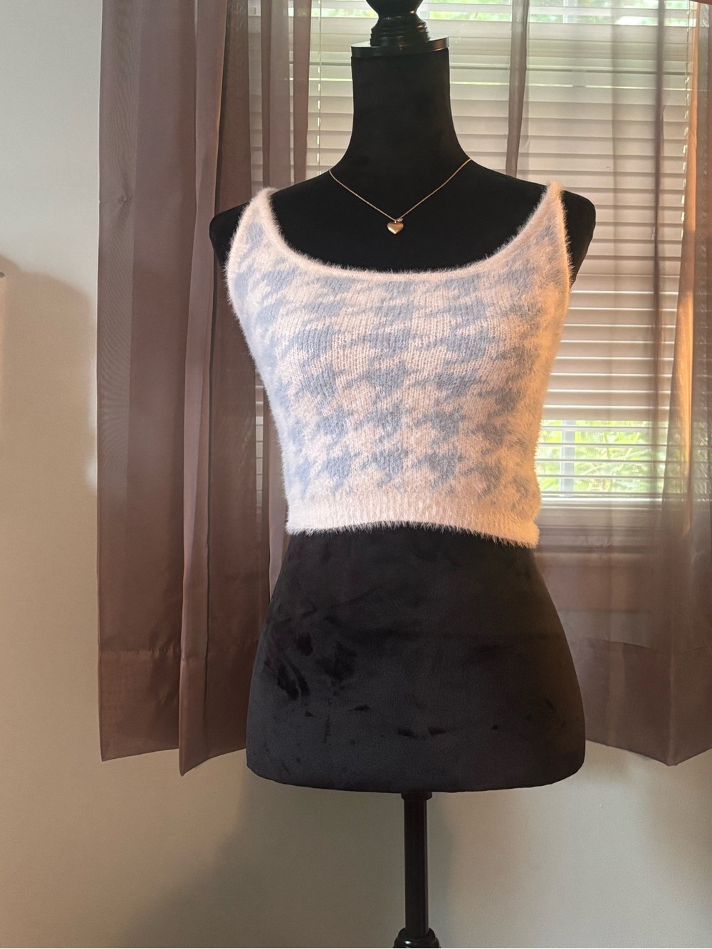 H&M Blue & White Fuzzy Houndstooth Crop Camisole